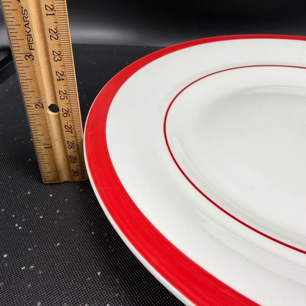 American Bistro Diner Ware Red Rim White Dinner Plates Set‎ of 2 Retro 11 Inch